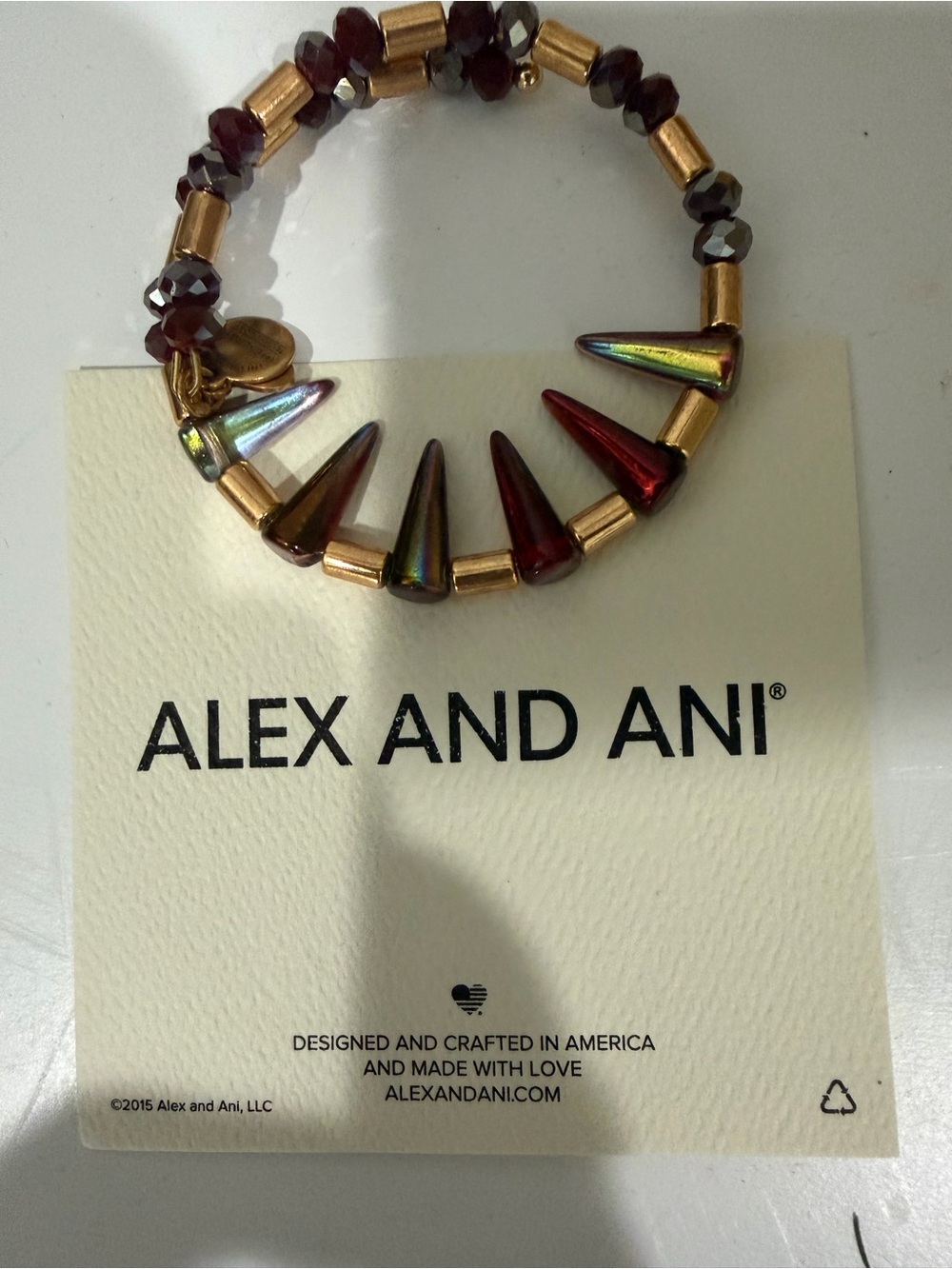Alex and Ani Iridescent and Red Spike Beaded Bracelet with Gold Accents
